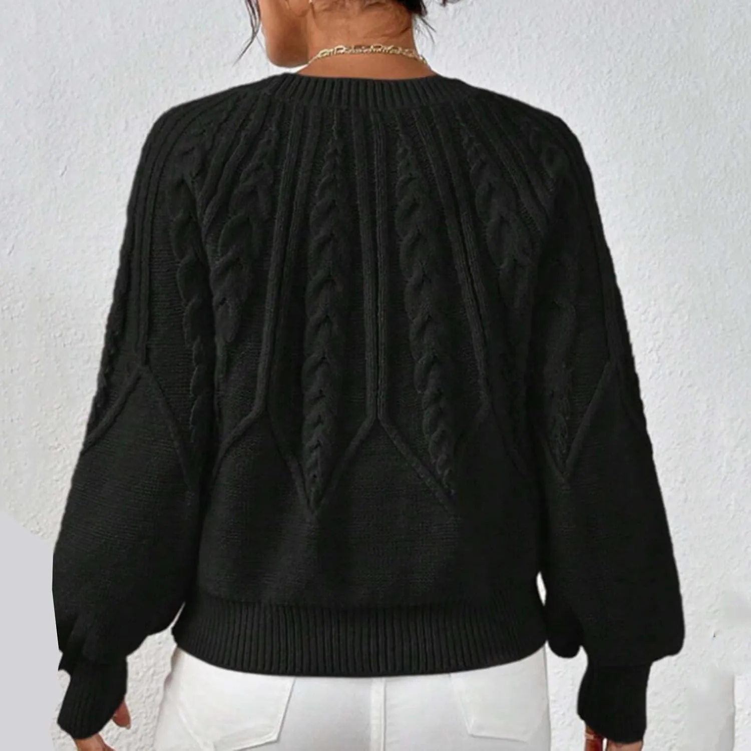 Womens Sweaters Solid Knit Cable Sweater Cable Knit Chunky Pullover Jumper Soft Comfy Crewneck Cropped Tops