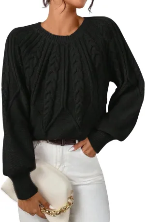 Womens Sweaters Solid Knit Cable Sweater Cable Knit Chunky Pullover Jumper Soft Comfy Crewneck Cropped Tops