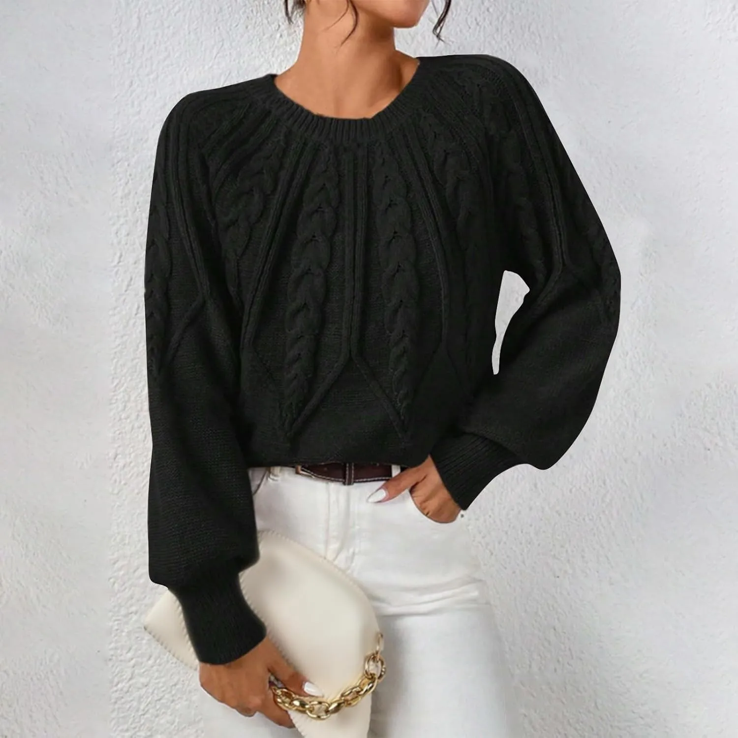 Womens Sweaters Solid Knit Cable Sweater Cable Knit Chunky Pullover Jumper Soft Comfy Crewneck Cropped Tops