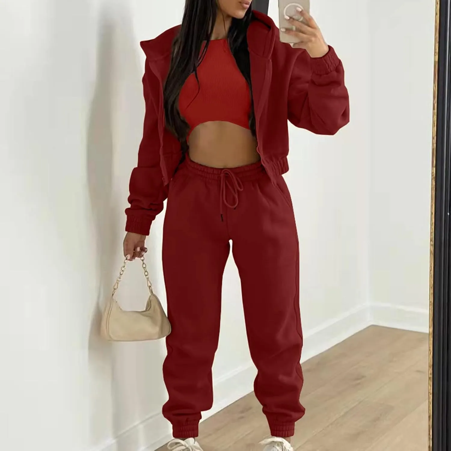 Womens Sweatsuits 3 Piece Set, Loose Pullover Hoodies Tops and Sweatpants Tracksuit Jogger Set Lounge Matching Set
