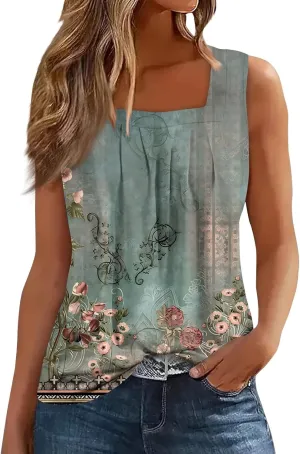 Womens Tank Tops Ruffled Square Neck Printed Shirts 2025 Summer Casual Loose Fit Sleeveless Cute Tanks Tee for Women