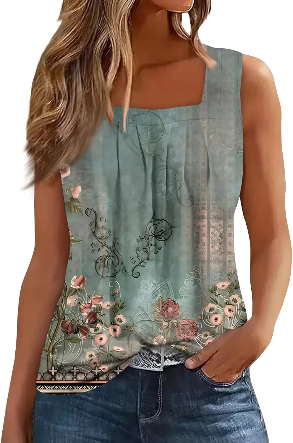 Womens Tank Tops Ruffled Square Neck Printed Shirts 2025 Summer Casual Loose Fit Sleeveless Cute Tanks Tee for Women