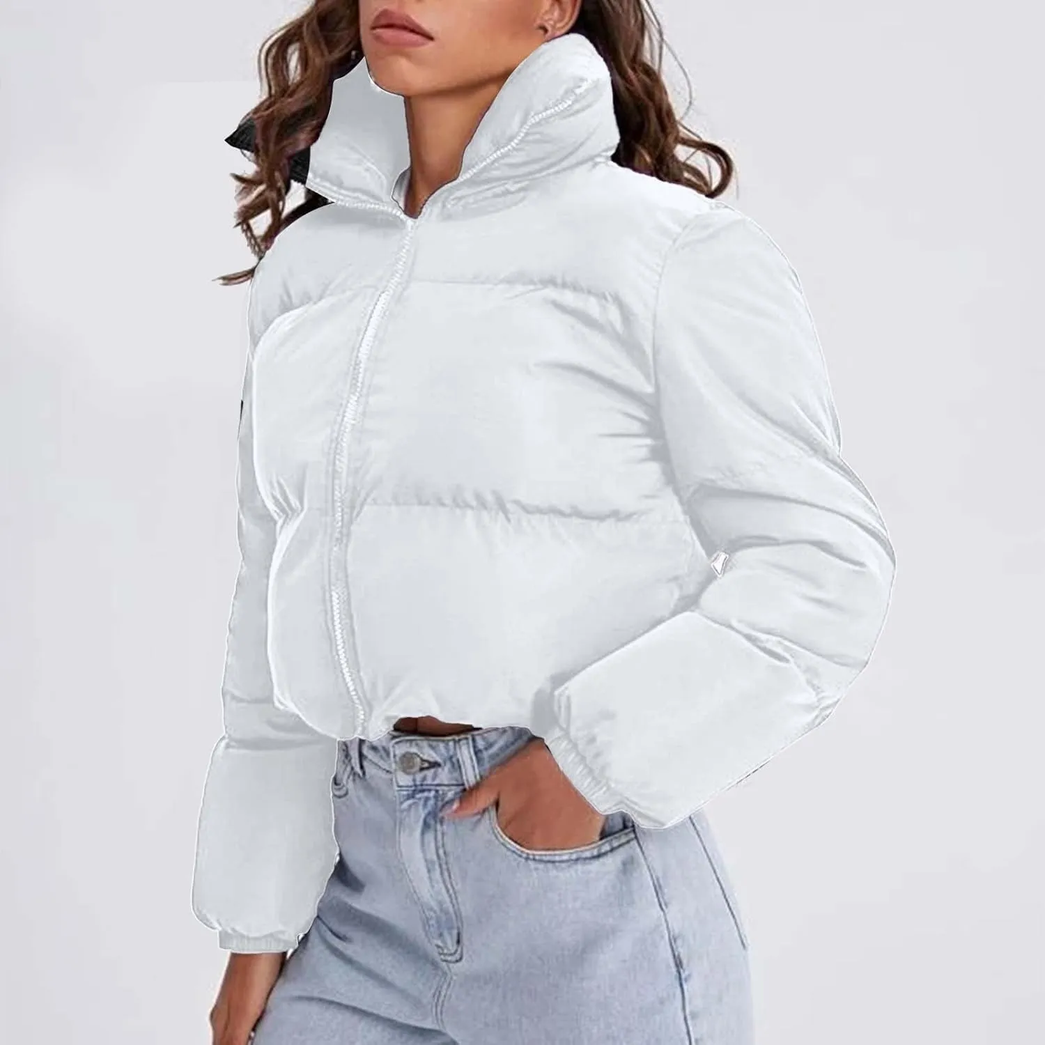 Womens Thick Winter Cropped Quilted Puffer Coat Long Sleeve Zipper Down Coat Warm Oversized Cozy Overcoat Daily Outfits