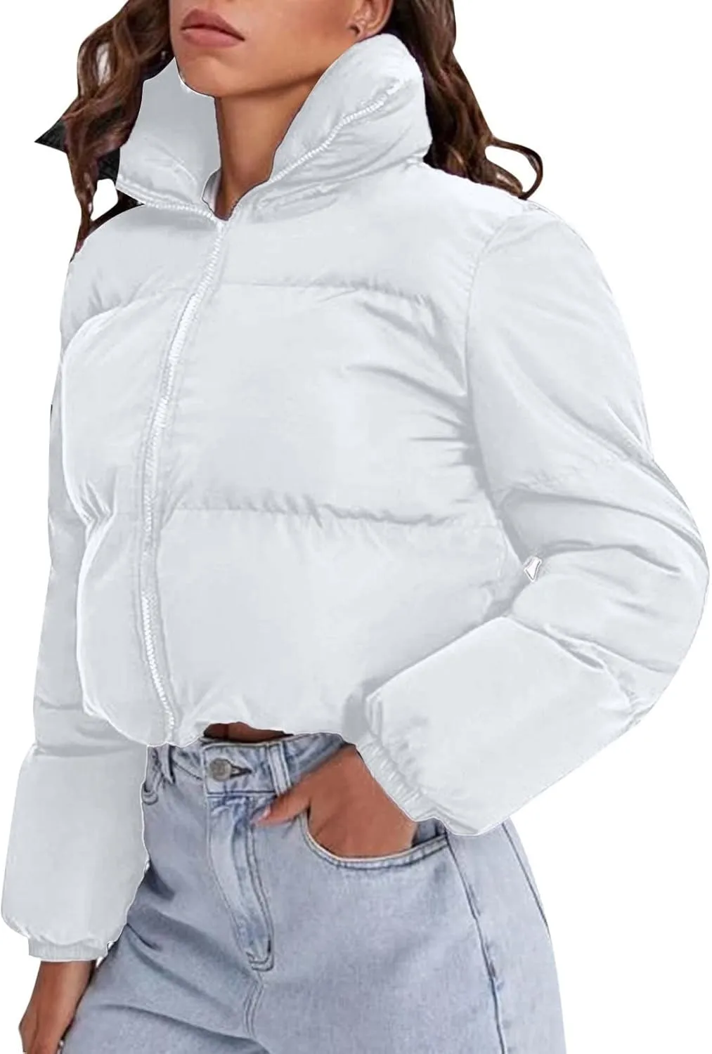 Womens Thick Winter Cropped Quilted Puffer Coat Long Sleeve Zipper Down Coat Warm Oversized Cozy Overcoat Daily Outfits