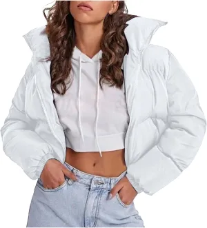 Womens Thick Winter Cropped Quilted Puffer Coat Long Sleeve Zipper Down Coat Warm Oversized Cozy Overcoat Daily Outfits