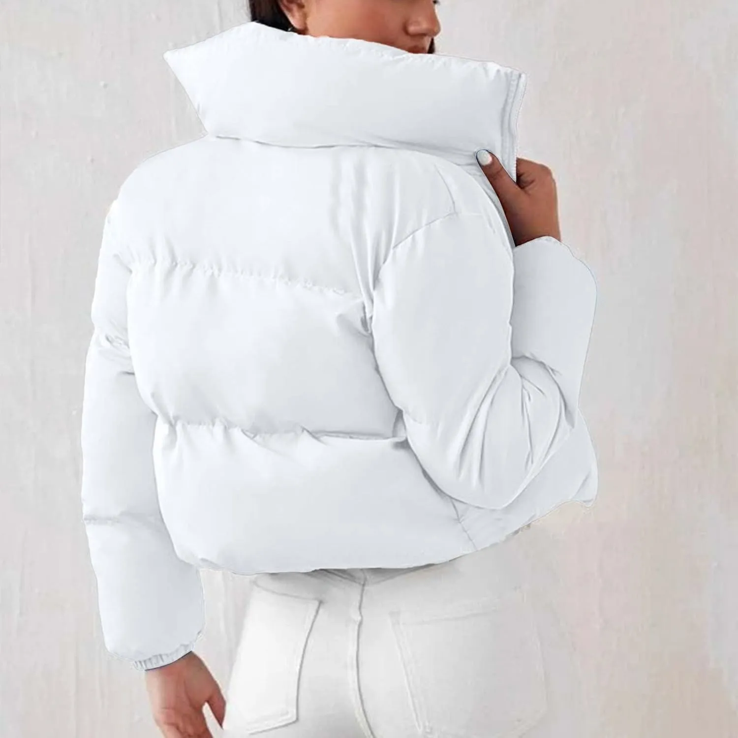 Womens Thick Winter Cropped Quilted Puffer Coat Long Sleeve Zipper Down Coat Warm Oversized Cozy Overcoat Daily Outfits