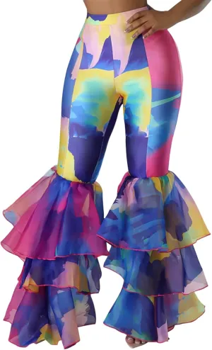 Women's Tie Dye Printed Flare Pants High Waisted Ruffle Hem Bell Bottom Skinny Trousers Pants