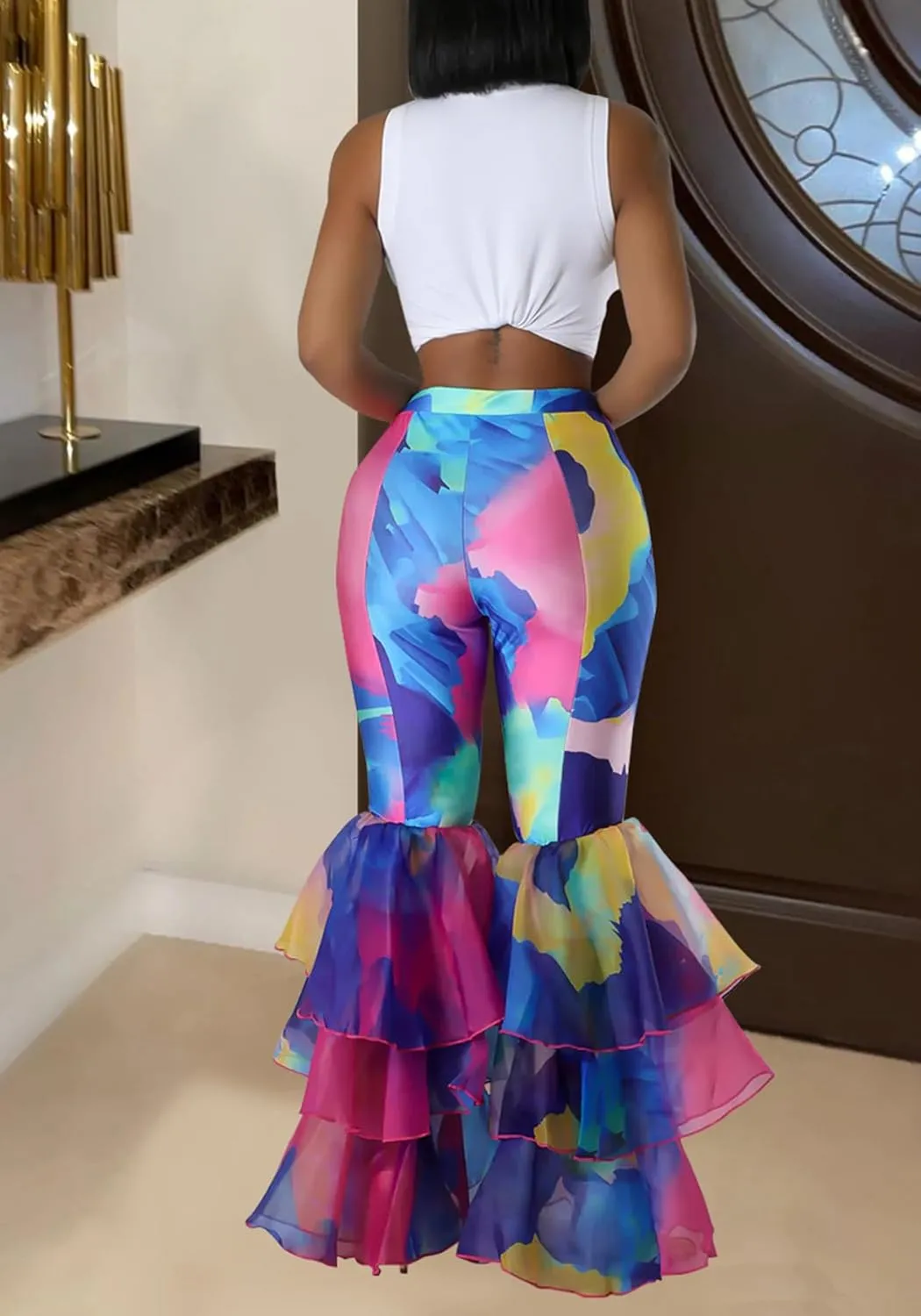 Women's Tie Dye Printed Flare Pants High Waisted Ruffle Hem Bell Bottom Skinny Trousers Pants