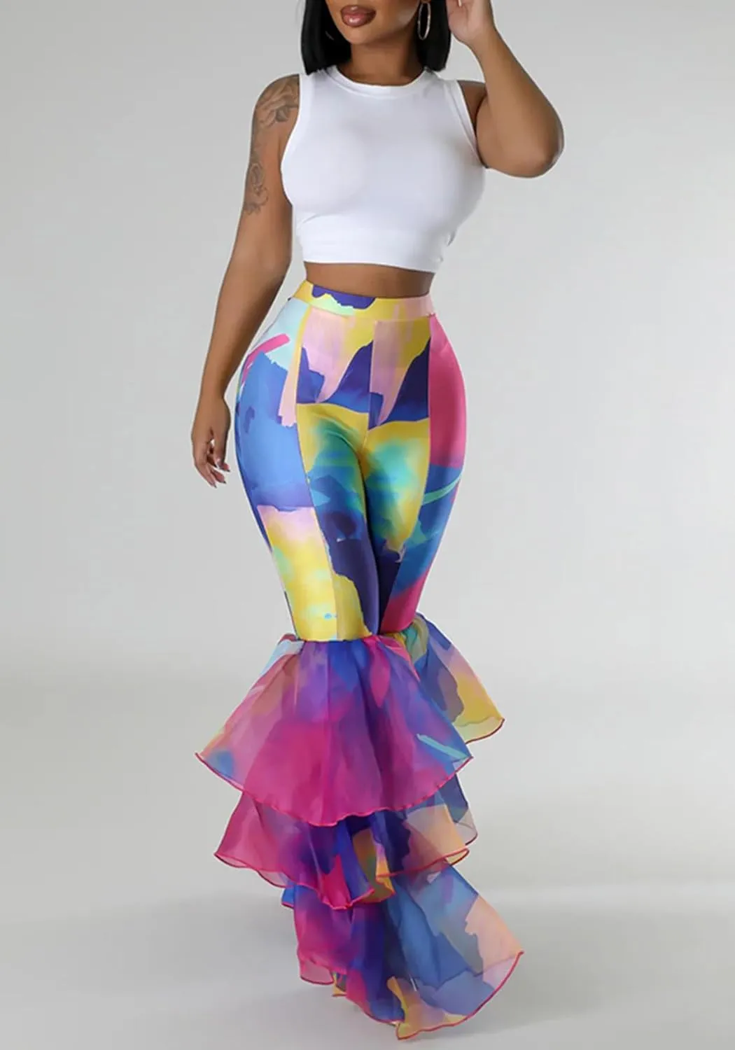 Women's Tie Dye Printed Flare Pants High Waisted Ruffle Hem Bell Bottom Skinny Trousers Pants