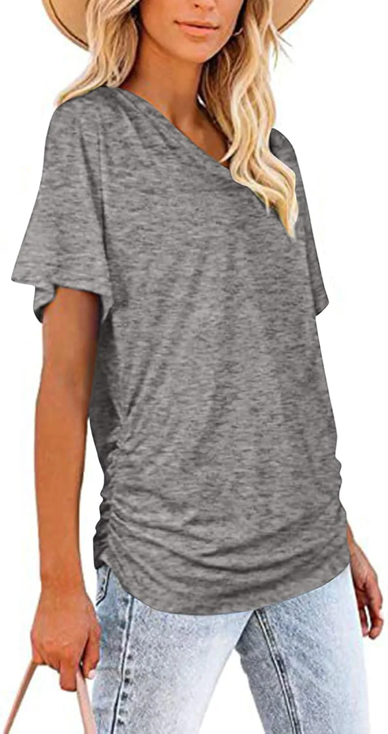 Womens Tops Basic V Neck T Shirts Short Sleeve Dressy Tunic Tops with Side Shirring Ruched Loose Fit Blouse Shirts