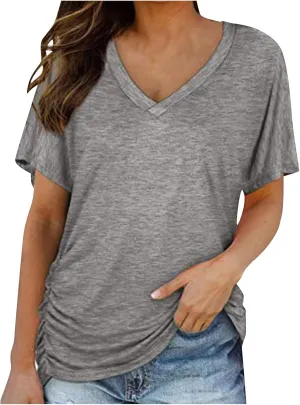 Womens Tops Basic V Neck T Shirts Short Sleeve Dressy Tunic Tops with Side Shirring Ruched Loose Fit Blouse Shirts