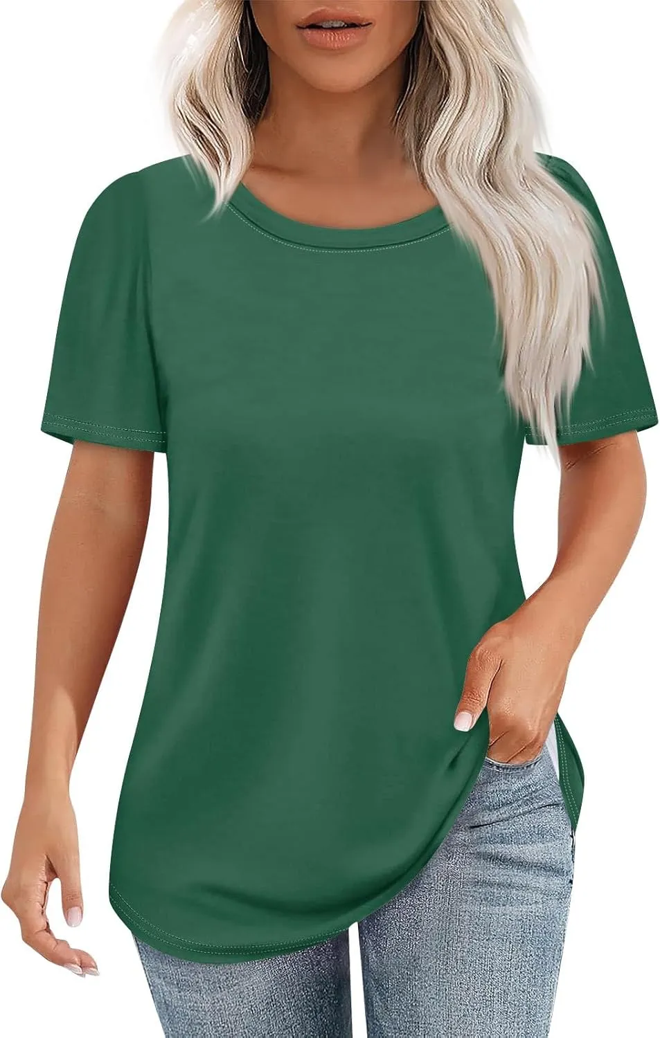 Womens Tops Dressy Casual Short Sleeve Round Neck Summer Shirts 2025 Blouses Lightweight Tees Trendy Plus Size Clothes