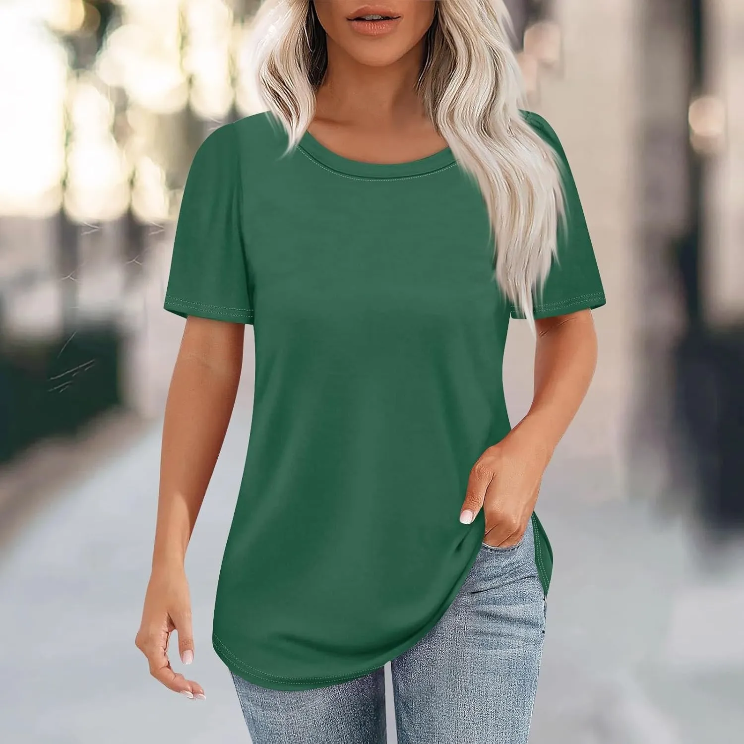 Womens Tops Dressy Casual Short Sleeve Round Neck Summer Shirts 2025 Blouses Lightweight Tees Trendy Plus Size Clothes