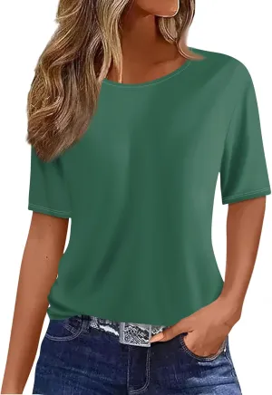 Womens Tops Dressy Casual Short Sleeve Round Neck Summer Shirts 2025 Blouses Lightweight Tees Trendy Plus Size Clothes