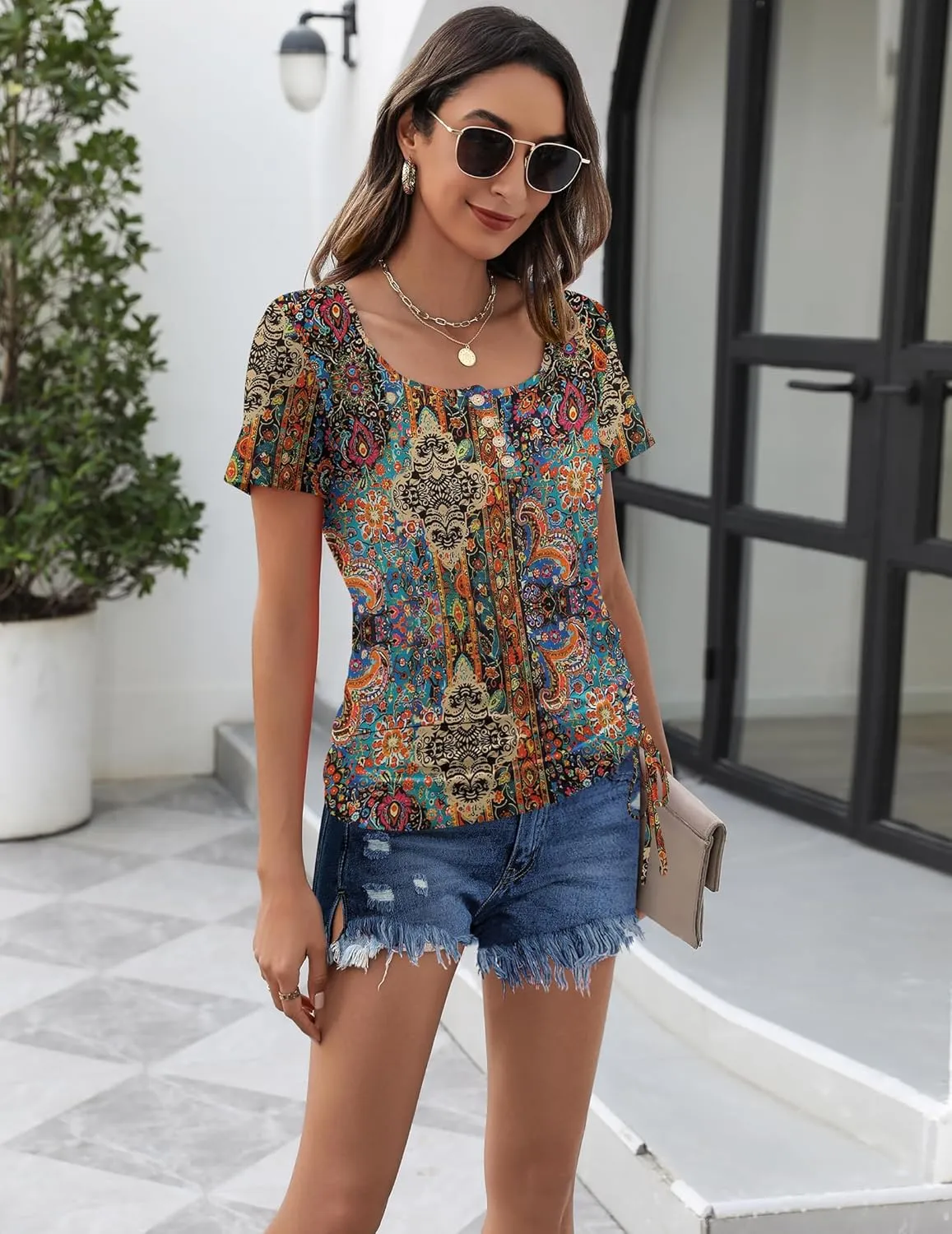 Womens Tops Short Sleeve Summer Henley Shirts Scoop Neck Ruched Blouses Dressy Casual Tunic Tops