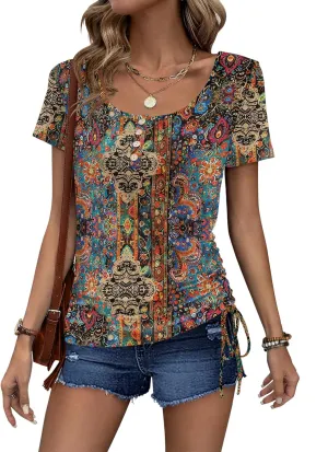 Womens Tops Short Sleeve Summer Henley Shirts Scoop Neck Ruched Blouses Dressy Casual Tunic Tops