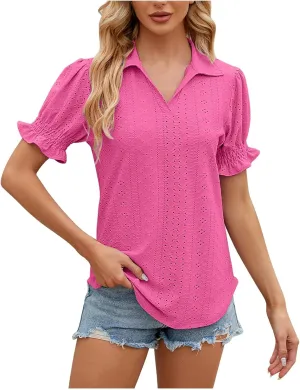 Womens Tops Summer Puff Sleeve Lapel V Neck Tshirts Eyelet Loose Fit Tunic Shirts Hollow Out Casual Tees Blouses
