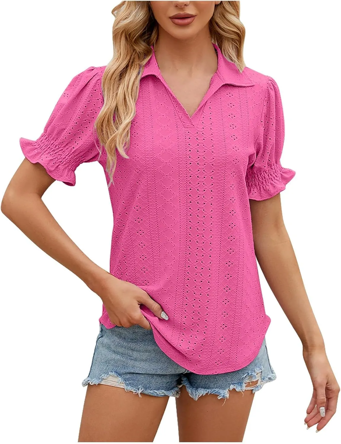 Womens Tops Summer Puff Sleeve Lapel V Neck Tshirts Eyelet Loose Fit Tunic Shirts Hollow Out Casual Tees Blouses