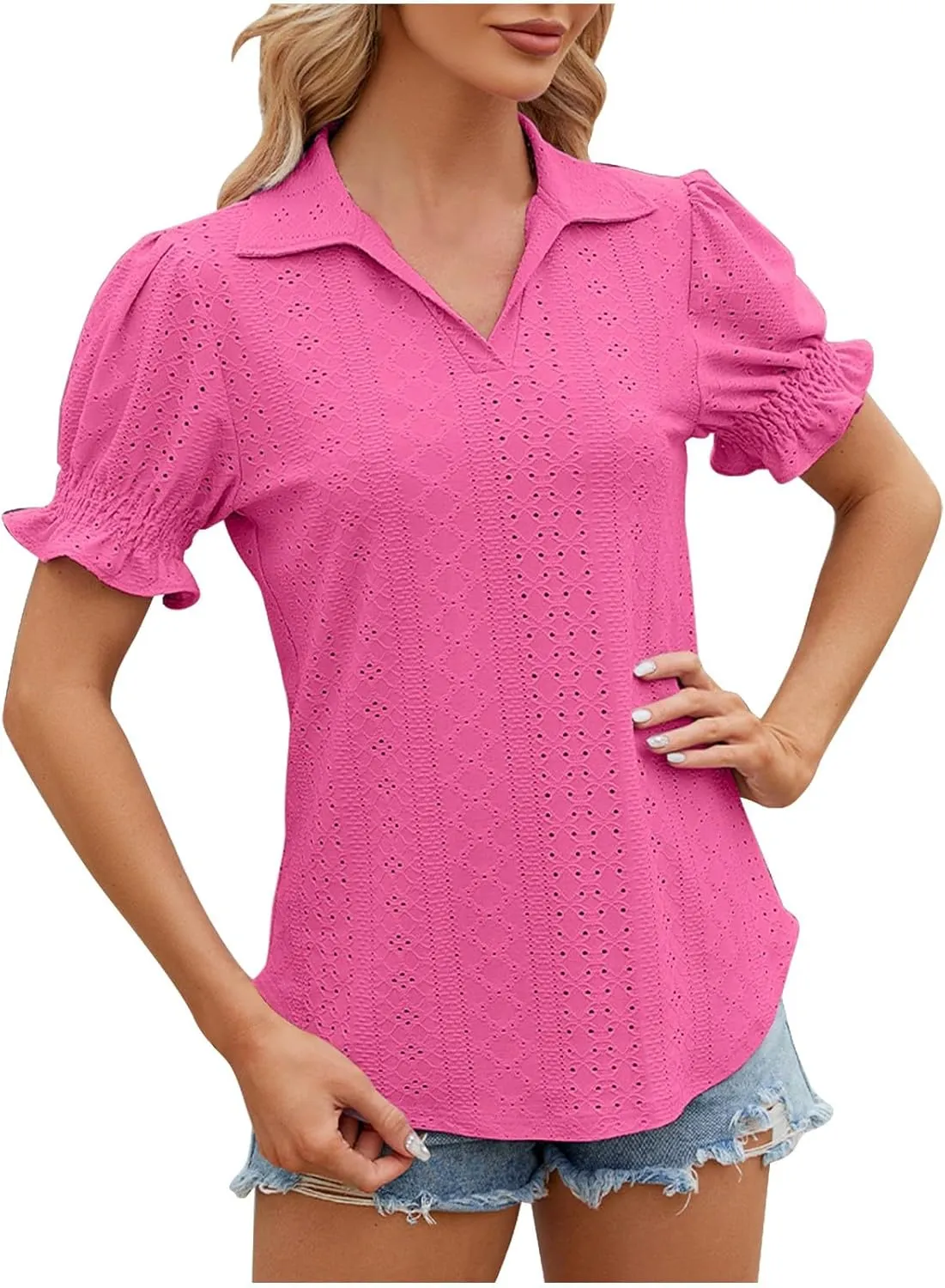 Womens Tops Summer Puff Sleeve Lapel V Neck Tshirts Eyelet Loose Fit Tunic Shirts Hollow Out Casual Tees Blouses