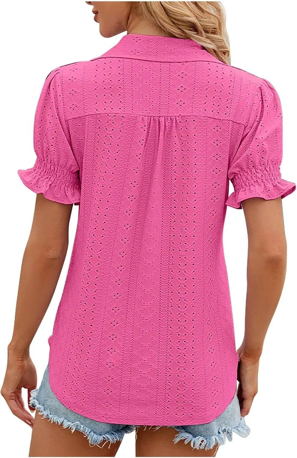 Womens Tops Summer Puff Sleeve Lapel V Neck Tshirts Eyelet Loose Fit Tunic Shirts Hollow Out Casual Tees Blouses