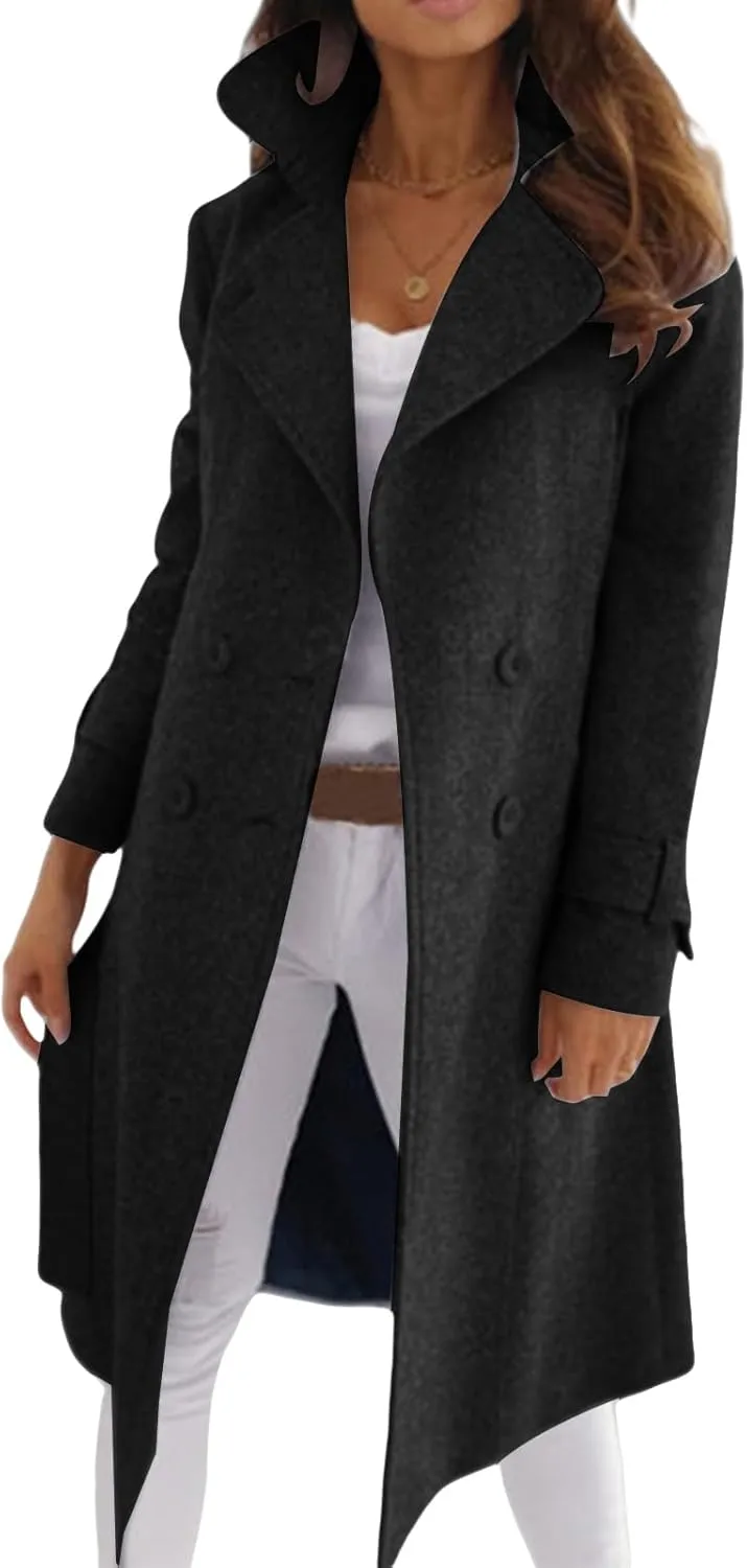 Women's Trench Coats Notch Lapel Jacket Wool Blend Double Breasted Coat Fall Winter Warm Mid Long Pea Coat Outerwear