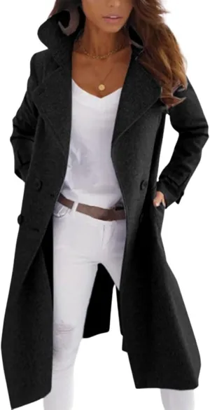 Women's Trench Coats Notch Lapel Jacket Wool Blend Double Breasted Coat Fall Winter Warm Mid Long Pea Coat Outerwear