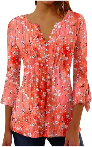 Womens Tunic Tops 3/4 Sleeve Shirts Loose Fit Casual Floral Print Button V Neck Pleated Flowy Blouses Summer Tees