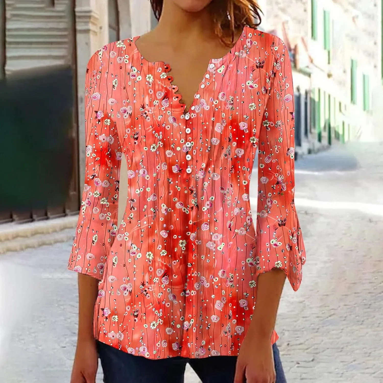 Womens Tunic Tops 3/4 Sleeve Shirts Loose Fit Casual Floral Print Button V Neck Pleated Flowy Blouses Summer Tees