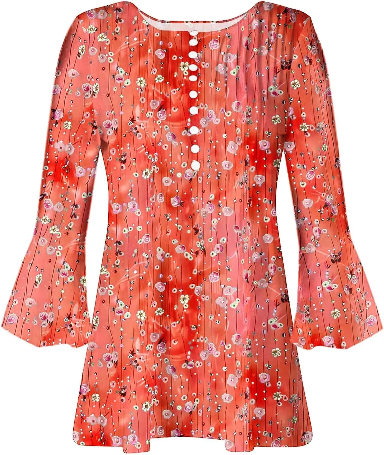 Womens Tunic Tops 3/4 Sleeve Shirts Loose Fit Casual Floral Print Button V Neck Pleated Flowy Blouses Summer Tees