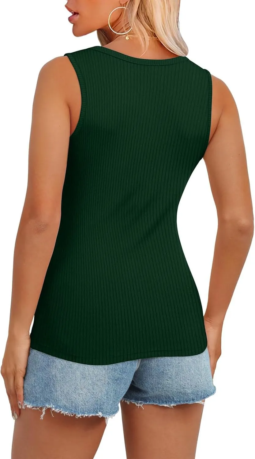 Womens V Neck Tank Tops Summer Ribbed Button Sleeveless Shirts Slim Fit Cami Knitwear Trendy Casual Soft Tee Shirt