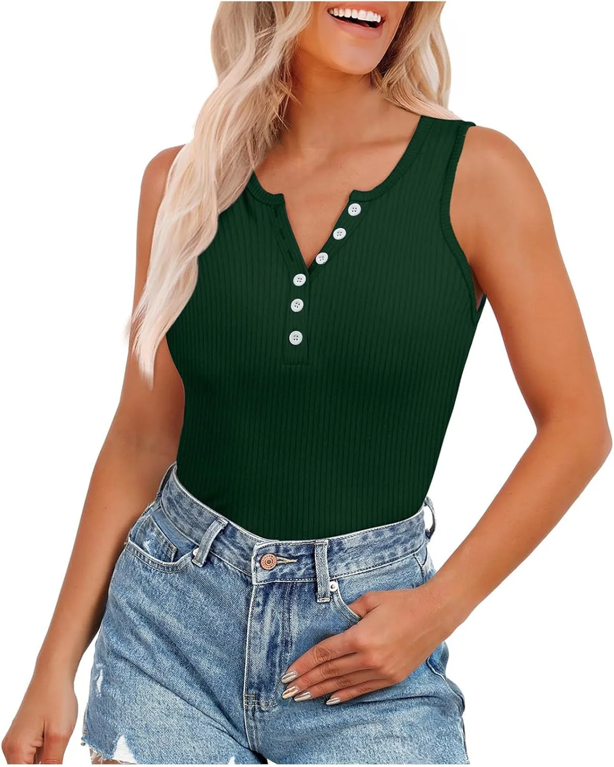 Womens V Neck Tank Tops Summer Ribbed Button Sleeveless Shirts Slim Fit Cami Knitwear Trendy Casual Soft Tee Shirt