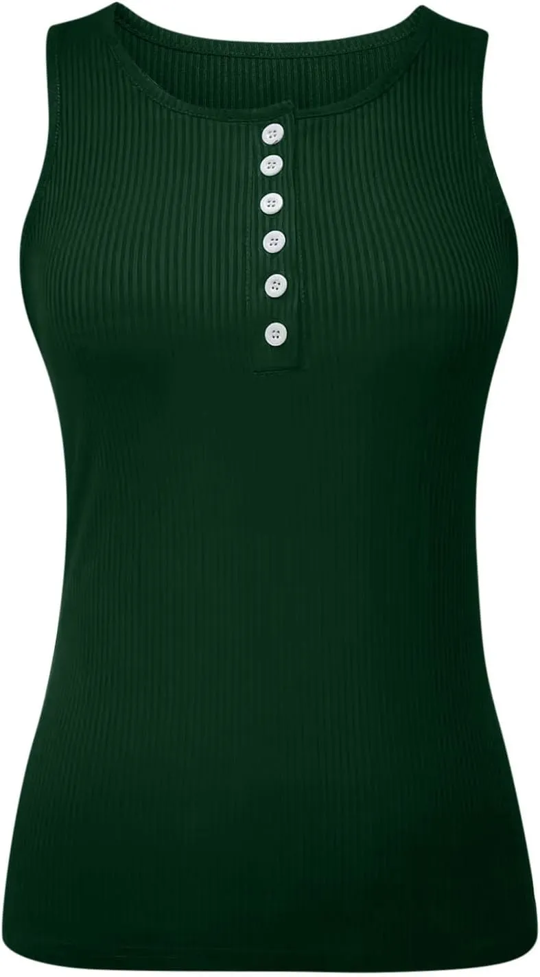 Womens V Neck Tank Tops Summer Ribbed Button Sleeveless Shirts Slim Fit Cami Knitwear Trendy Casual Soft Tee Shirt