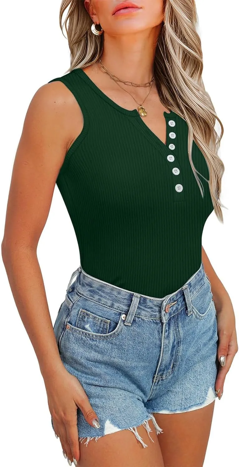 Womens V Neck Tank Tops Summer Ribbed Button Sleeveless Shirts Slim Fit Cami Knitwear Trendy Casual Soft Tee Shirt