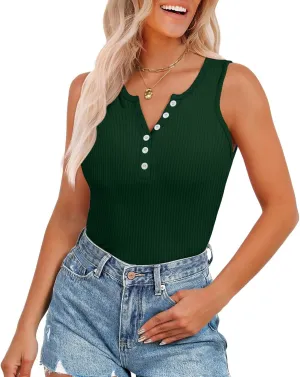 Womens V Neck Tank Tops Summer Ribbed Button Sleeveless Shirts Slim Fit Cami Knitwear Trendy Casual Soft Tee Shirt