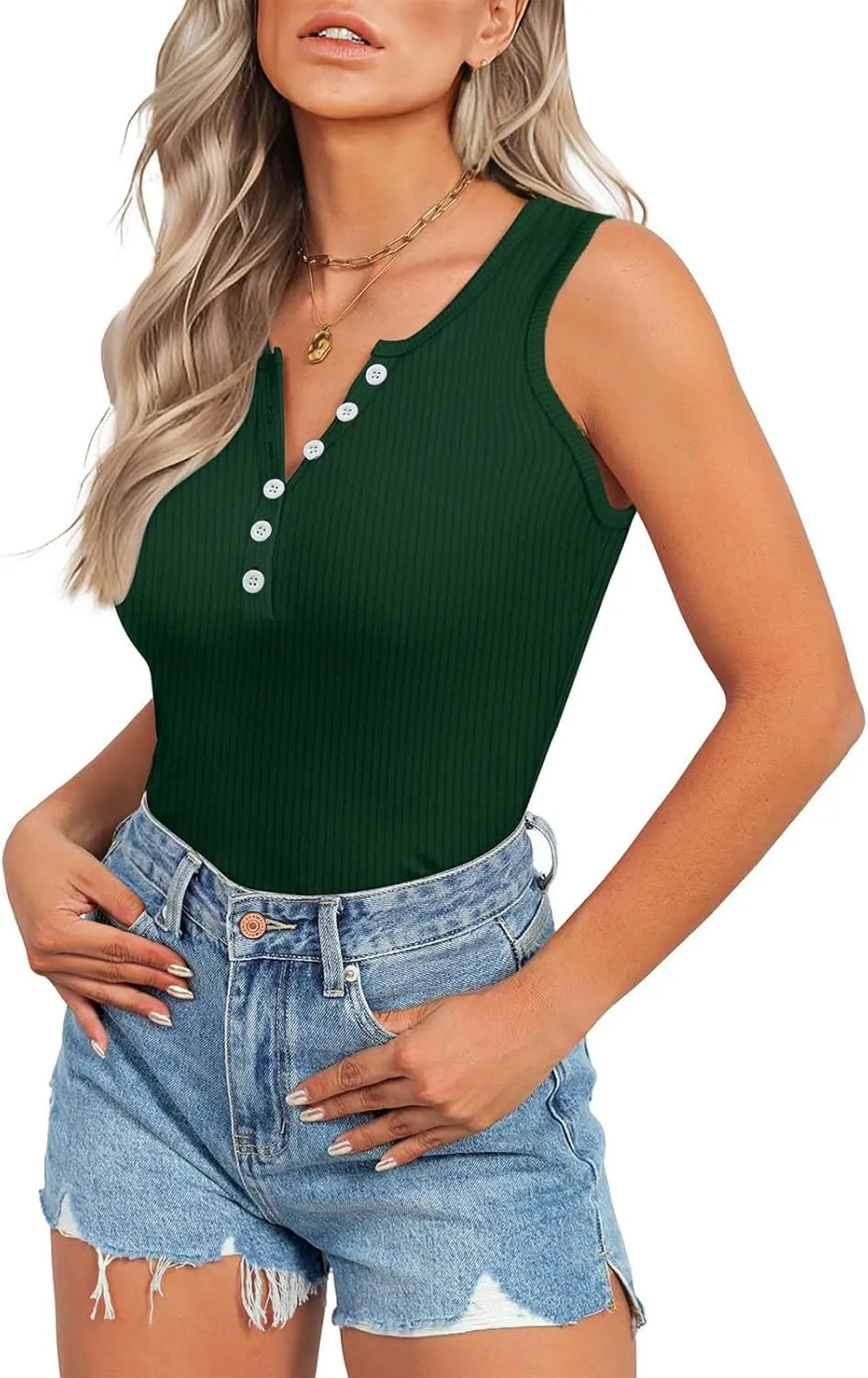 Womens V Neck Tank Tops Summer Ribbed Button Sleeveless Shirts Slim Fit Cami Knitwear Trendy Casual Soft Tee Shirt