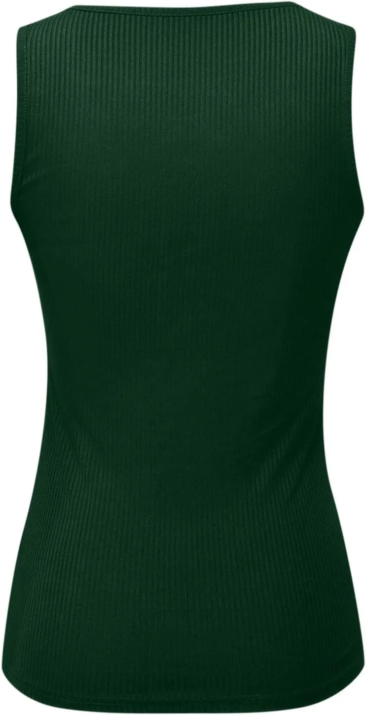 Womens V Neck Tank Tops Summer Ribbed Button Sleeveless Shirts Slim Fit Cami Knitwear Trendy Casual Soft Tee Shirt