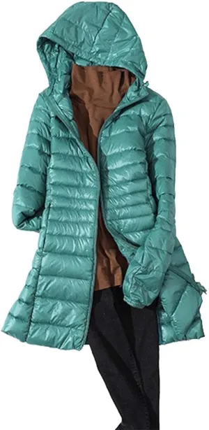 Women's Warm Winter Glossy Down Jacket Ultralight Long Down Outerwear Puffer Jacket Hooded Coat Thicken Padded with Hood