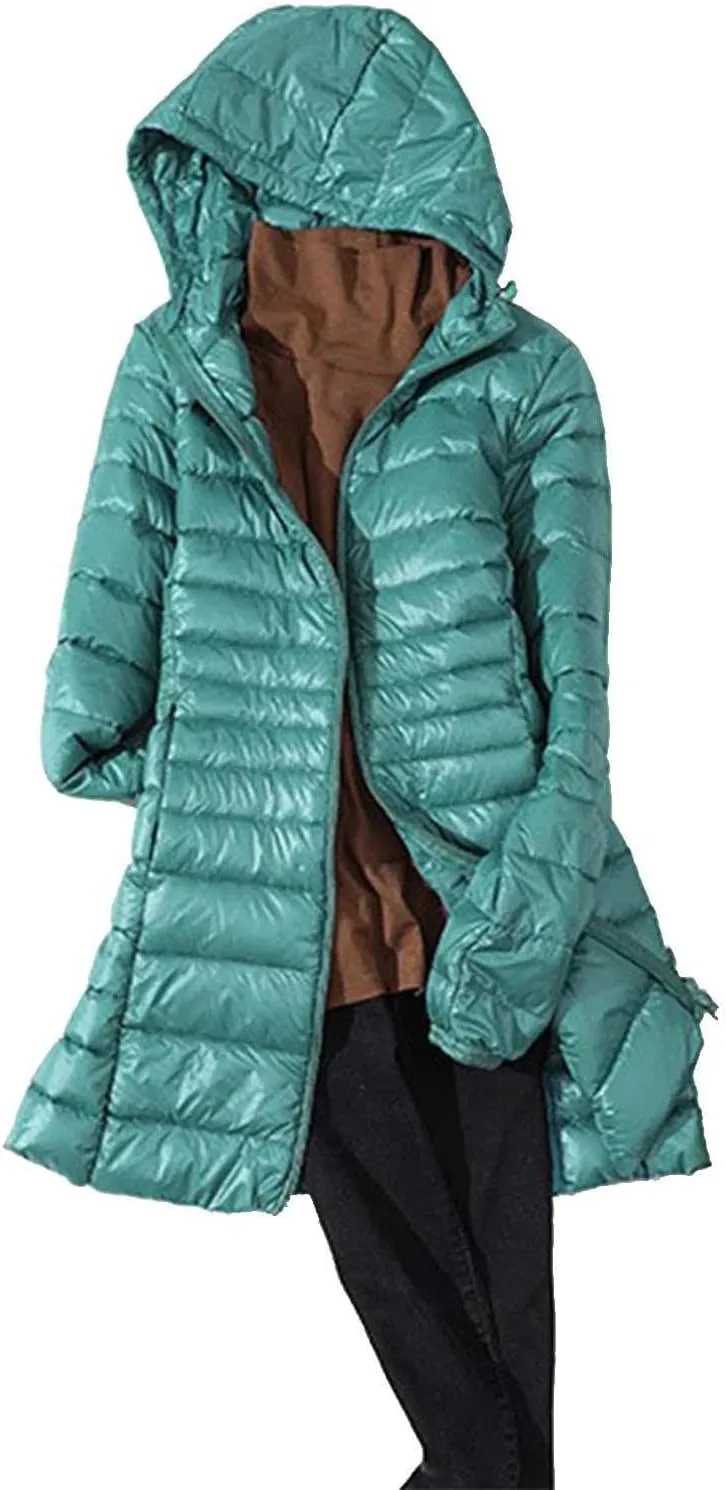 Women's Warm Winter Glossy Down Jacket Ultralight Long Down Outerwear Puffer Jacket Hooded Coat Thicken Padded with Hood