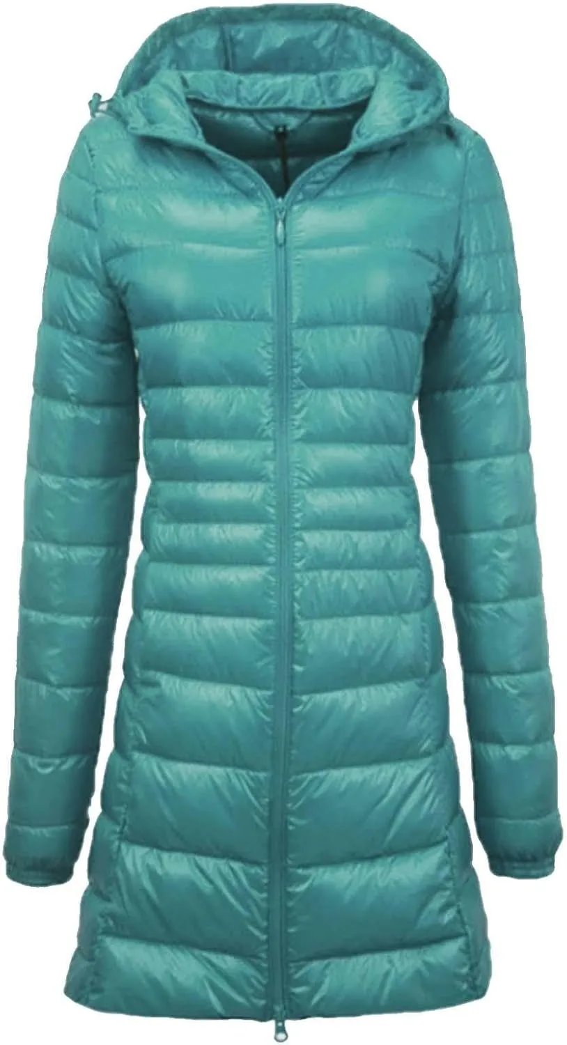 Women's Warm Winter Glossy Down Jacket Ultralight Long Down Outerwear Puffer Jacket Hooded Coat Thicken Padded with Hood