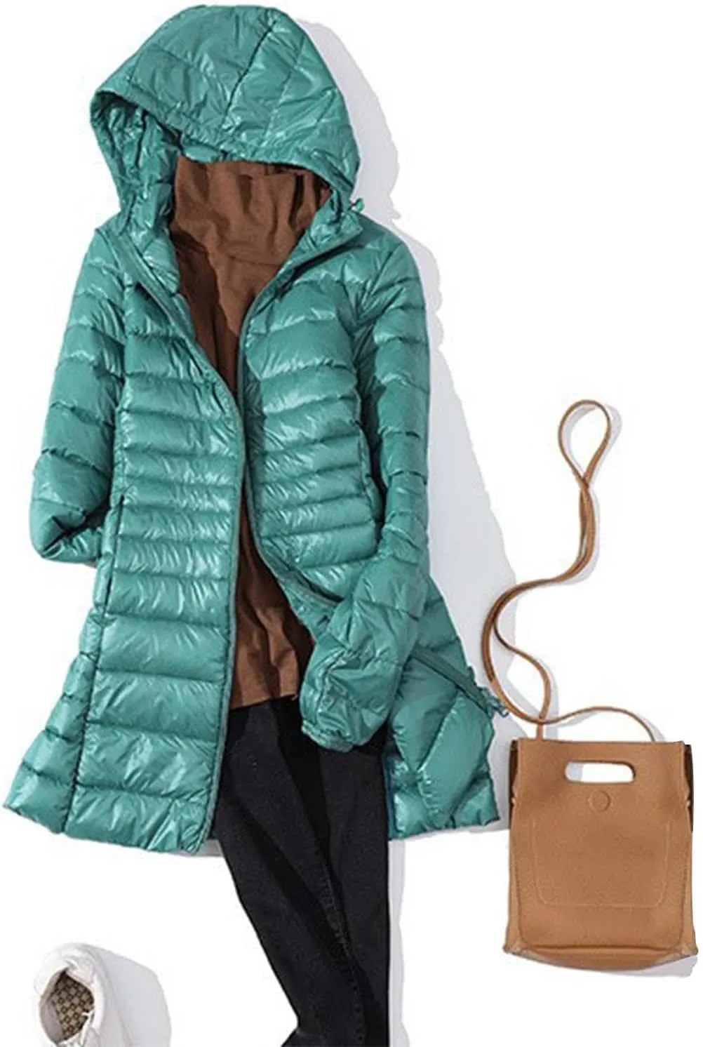Women's Warm Winter Glossy Down Jacket Ultralight Long Down Outerwear Puffer Jacket Hooded Coat Thicken Padded with Hood