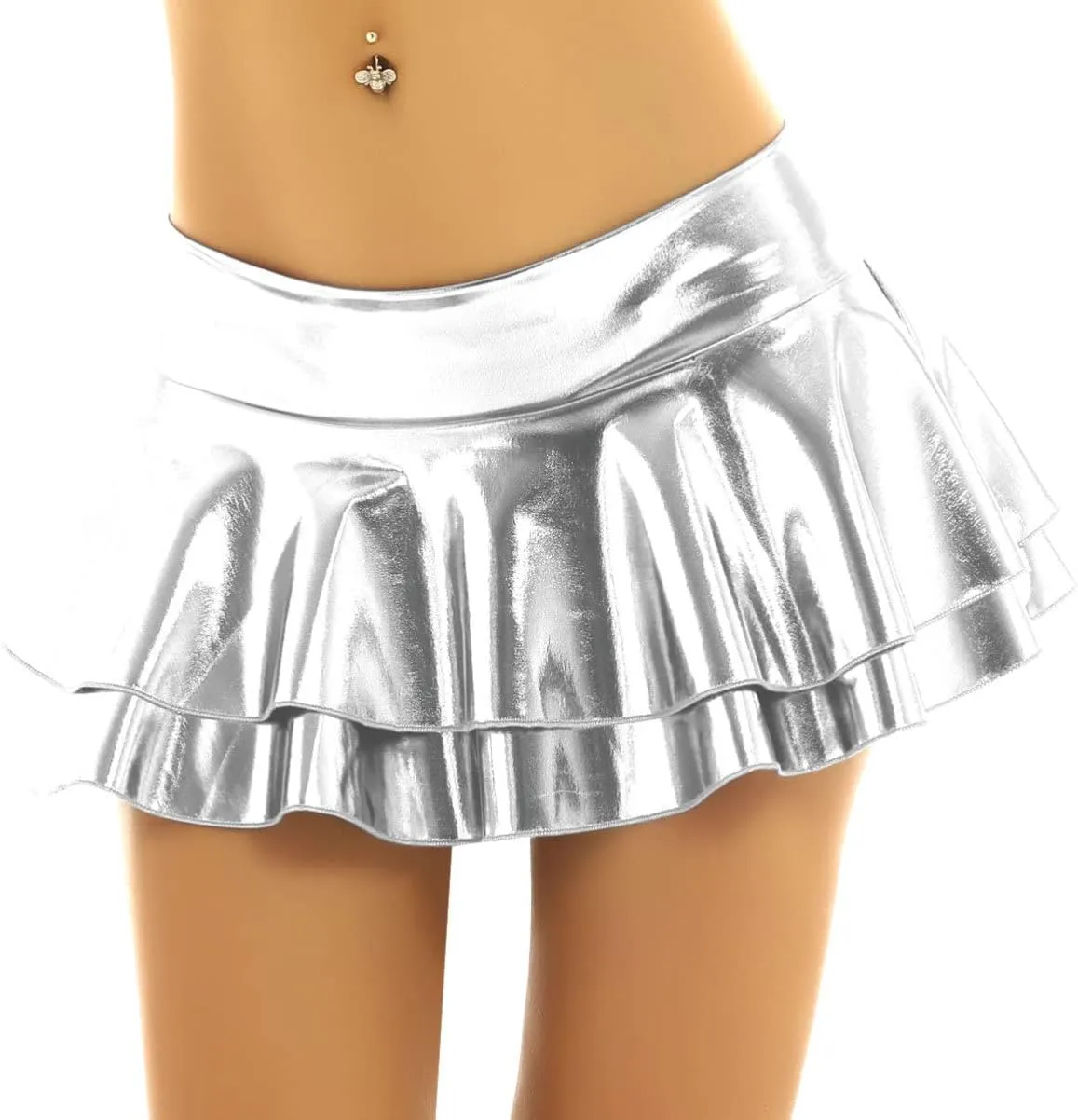 Womens Wet Look Low Rise Double Layered Ruffled Pleated Mini Skirt Rave Bottoms