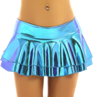 Womens Wet Look Low Rise Double Layered Ruffled Pleated Mini Skirt Rave Bottoms