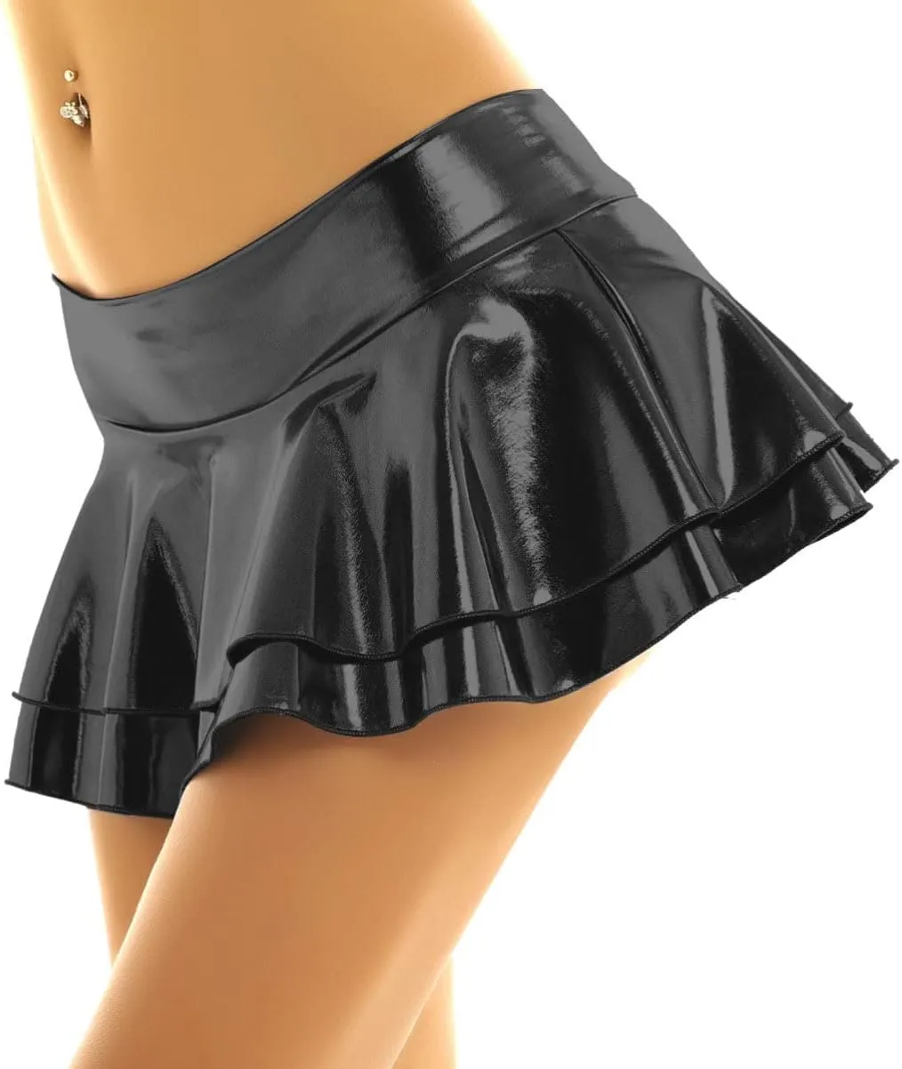 Womens Wet Look Low Rise Double Layered Ruffled Pleated Mini Skirt Rave Bottoms