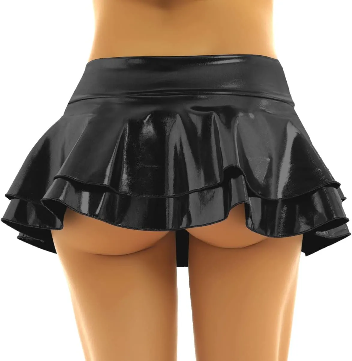 Womens Wet Look Low Rise Double Layered Ruffled Pleated Mini Skirt Rave Bottoms
