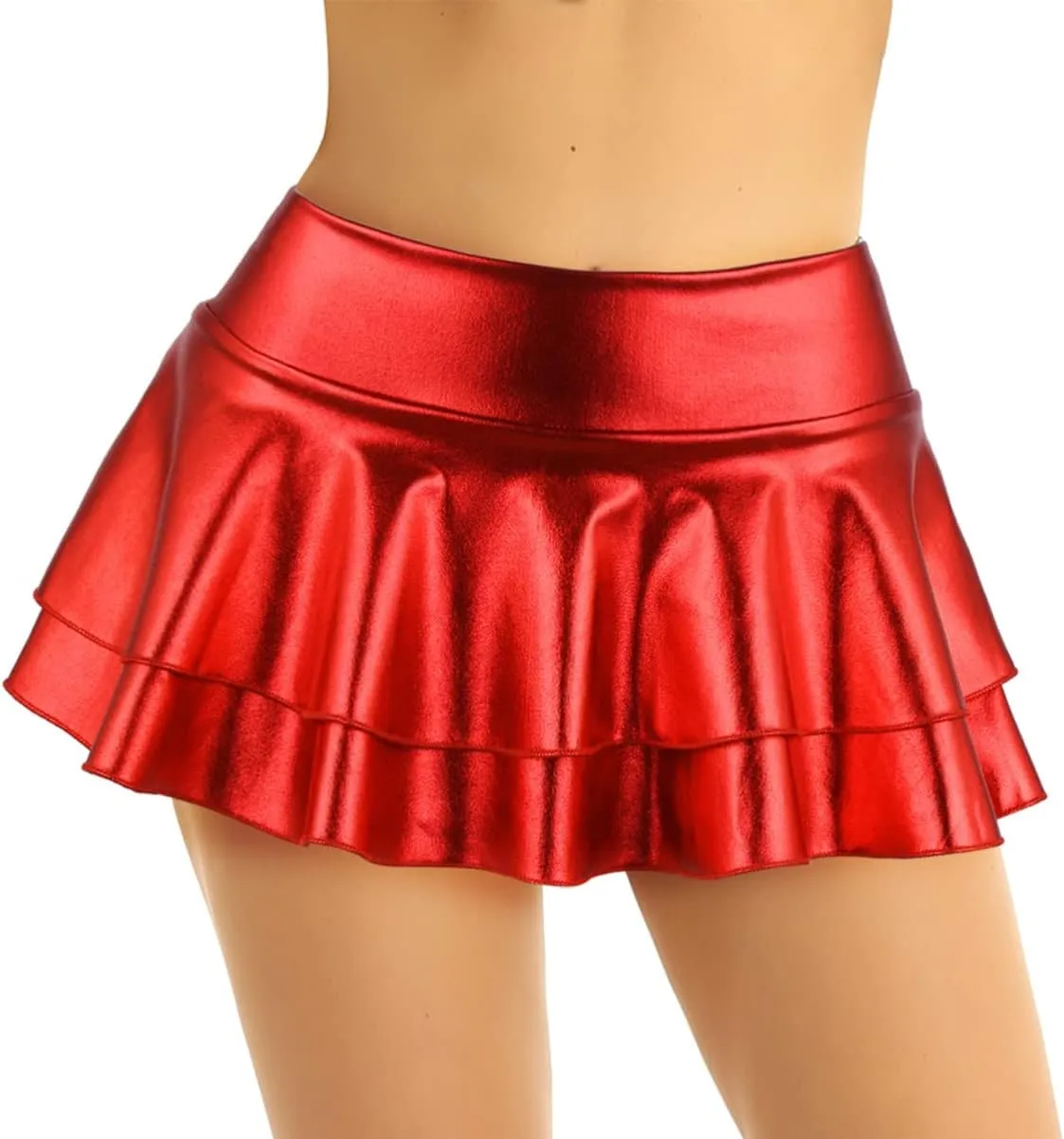Womens Wet Look Low Rise Double Layered Ruffled Pleated Mini Skirt Rave Bottoms