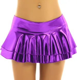 Womens Wet Look Low Rise Double Layered Ruffled Pleated Mini Skirt Rave Bottoms