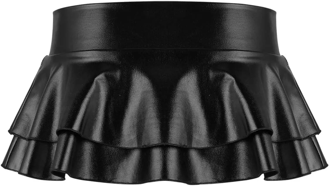 Womens Wet Look Low Rise Double Layered Ruffled Pleated Mini Skirt Rave Bottoms