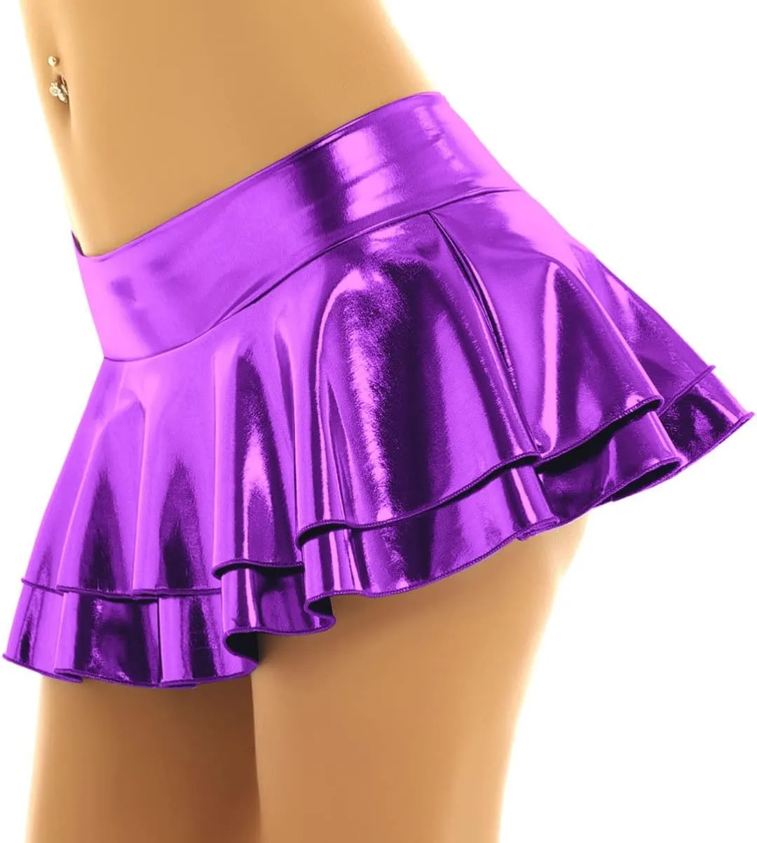 Womens Wet Look Low Rise Double Layered Ruffled Pleated Mini Skirt Rave Bottoms