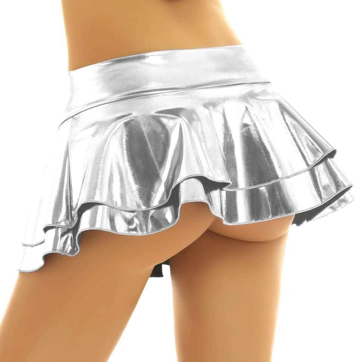 Womens Wet Look Low Rise Double Layered Ruffled Pleated Mini Skirt Rave Bottoms