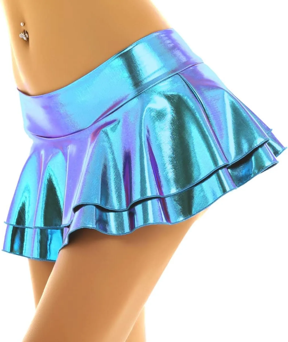 Womens Wet Look Low Rise Double Layered Ruffled Pleated Mini Skirt Rave Bottoms